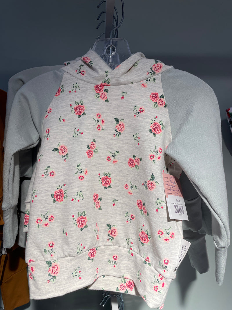 Hoodie Charlie - Fleurs roses fond gris chiné, manches sauge