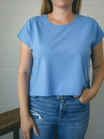 Crop top, col rond, manches courtes - Rib bleu piscine