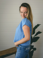 Crop top, col rond, manches courtes - Rib bleu piscine