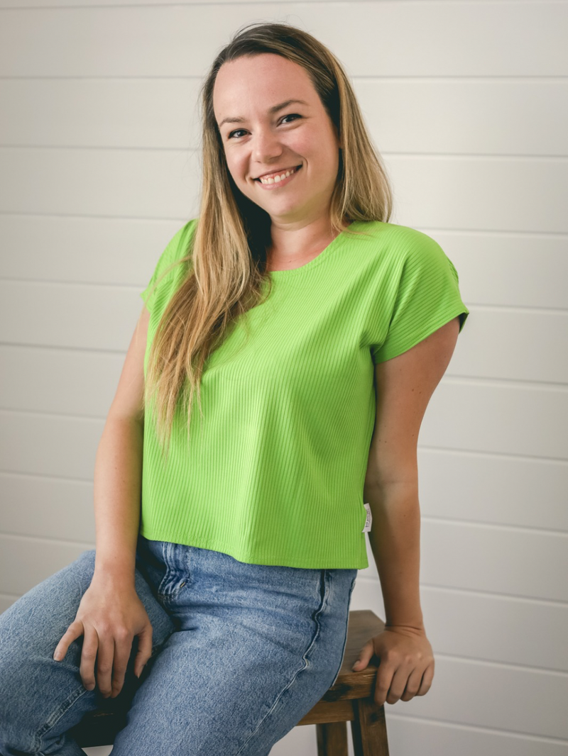 Crop top, col rond, manches courtes - Rib lime