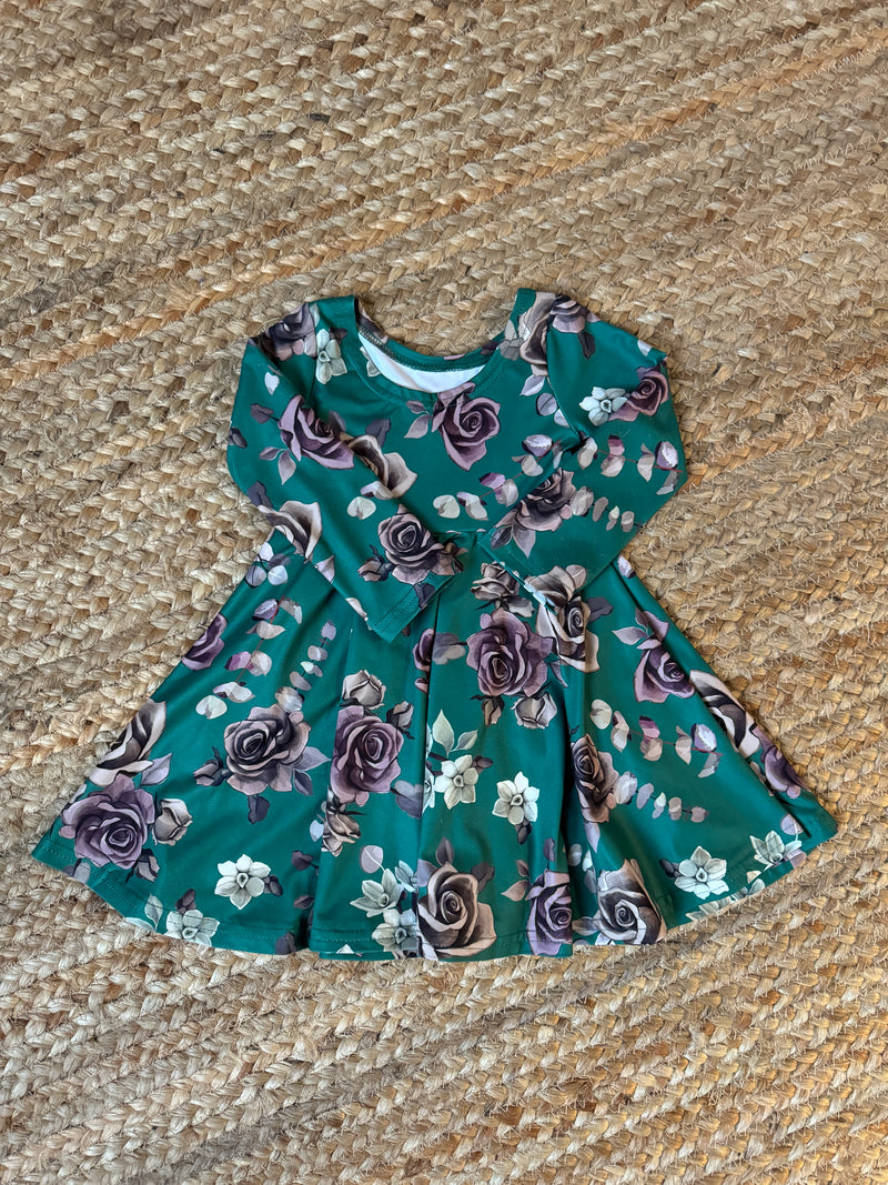 Robe Abi enfant, DBP fleurs fond emeraude