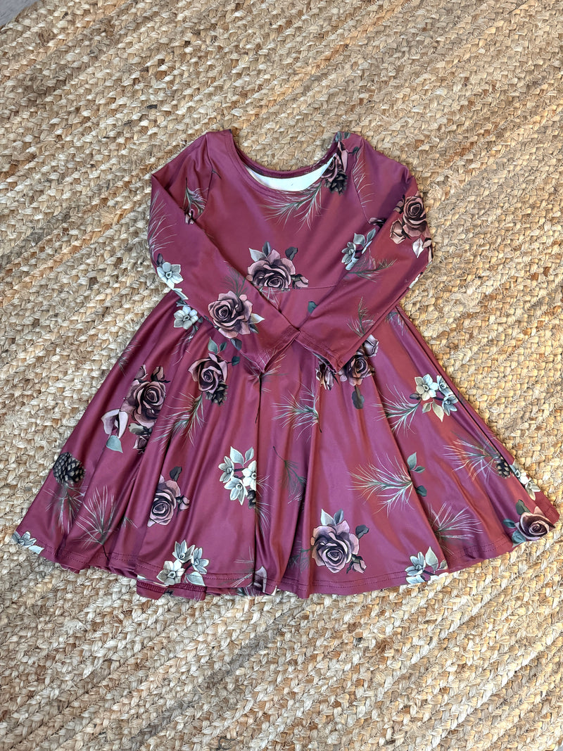 Robe Abi enfant, DBP fleurs et cocottes fond bourgogne