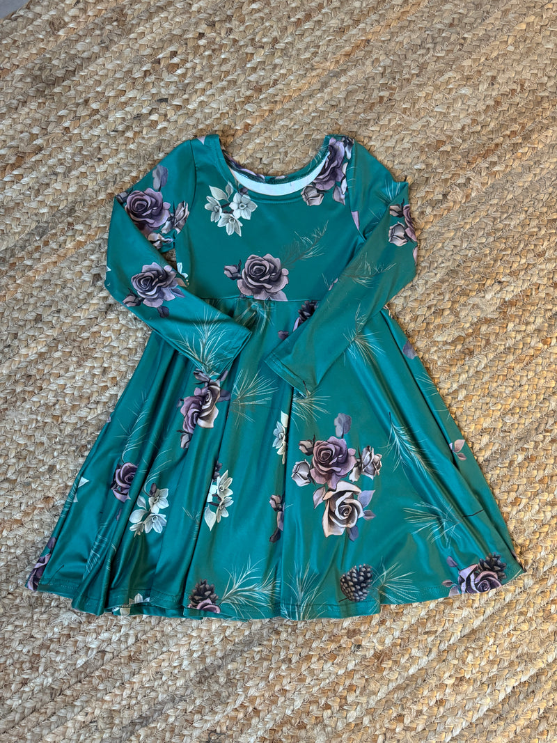 Robe Abi enfant, DBP fleurs et cocottes fond emeraude